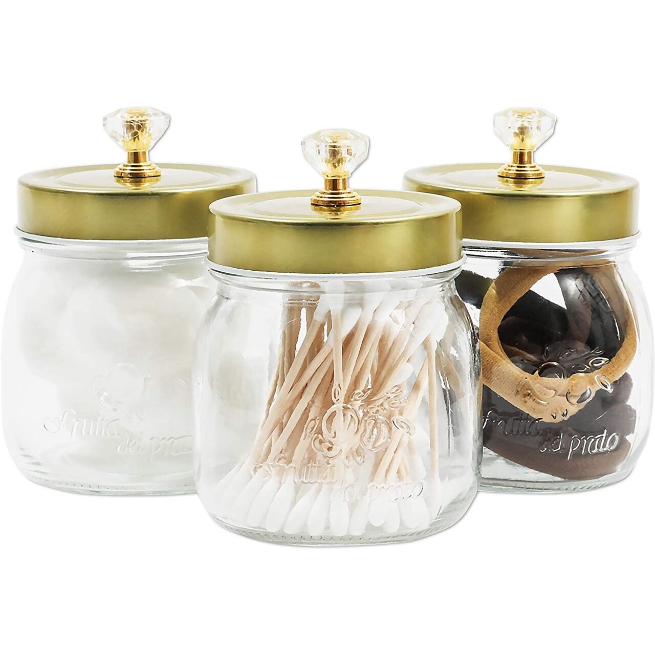 Glass Vanity Canisters with Gold Lids, Mason Jar Bathroom Set (3 Pack)